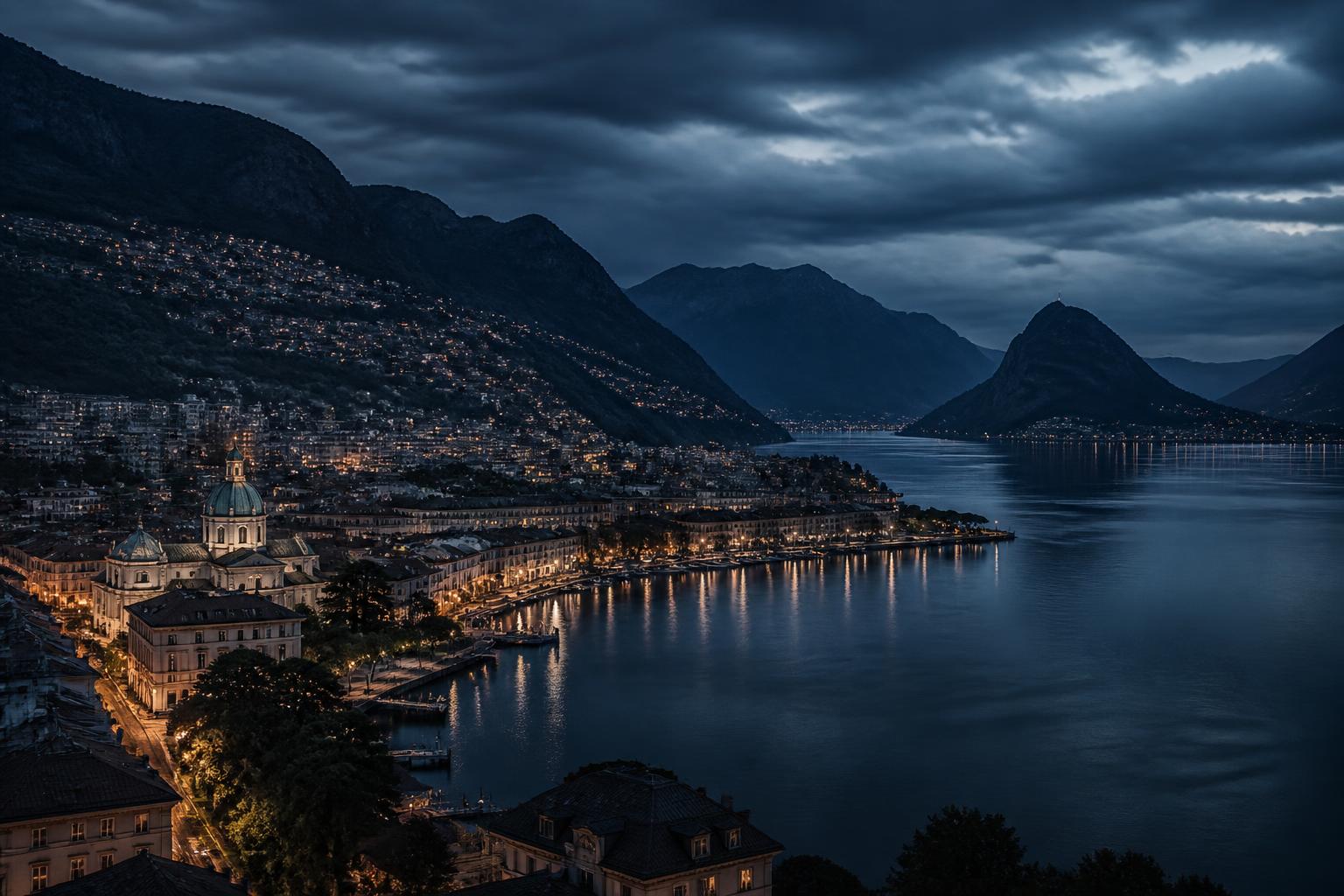 Lugano and its lake at dusk