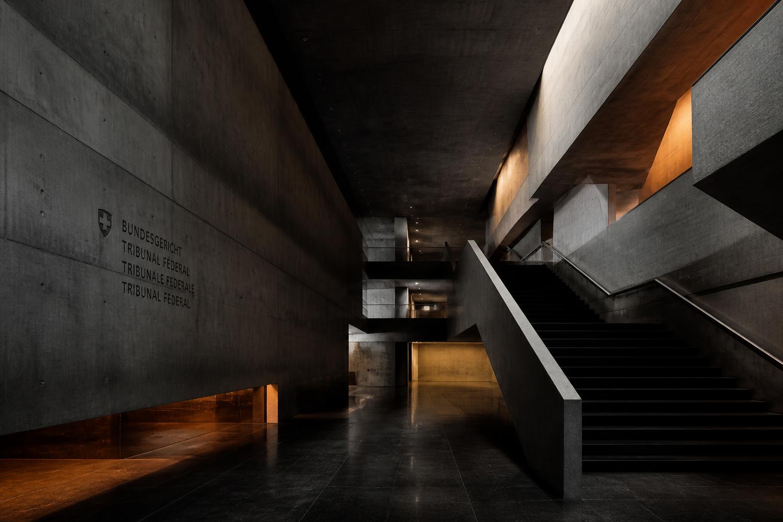 Swiss federal court interior in concrete and warm light